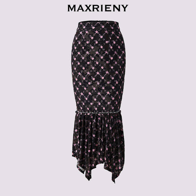MAXRIENY romantic retro fishtail skirt 24 new winter French rose printed hip-pack skirt
