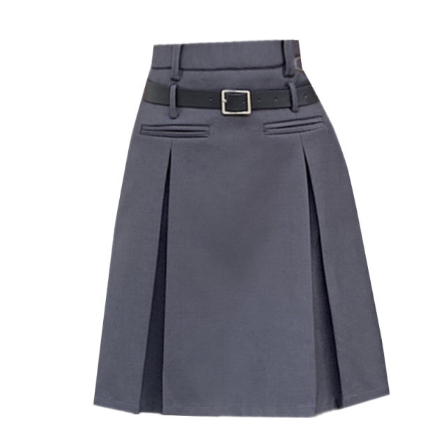 College style pleated skirt for women in summer large size fat mm retro gray A-line midskirt design temperament suit skirt
