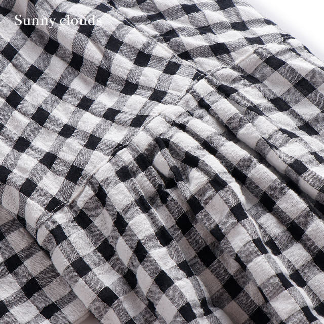 Sunny clouds Women's cotton puff flared sleeve black and white plaid hoodie hood