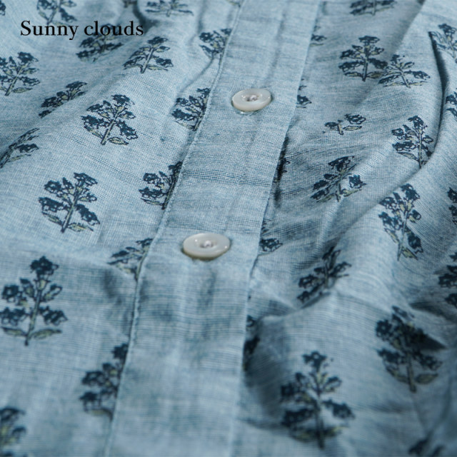 Sunny clouds cotton flared sleeve print style mid-length shirt
