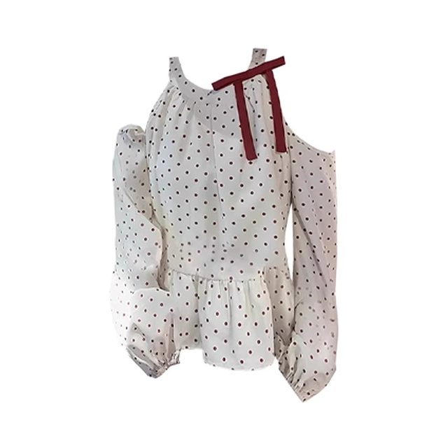 French sweet bow polka dot long-sleeved shirt for women in summer design niche loose doll shirt off-shoulder top

