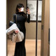 French Hepburn Wind Black slightly transparent base knitted dress women's winter slim inside hip fishtail long skirt
