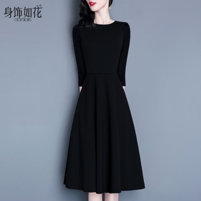 Autumn and winter small black skirt spring 2025 new temperament slim a-line skirt 7-quarter sleeve mid-length black base dress
