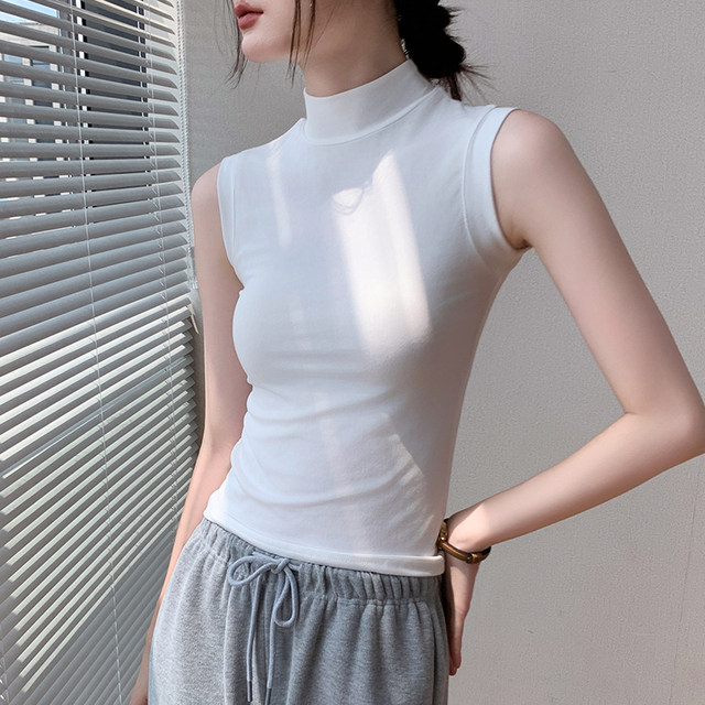 Half turtleneck sleeveless vest for women 2025 early autumn new solid color slim fit inner top with matching shirt