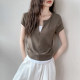 Zipper half-open collar fake two-piece short-sleeved T-shirt for women 2025 spring and summer new slim U-shaped hem cardigan underwear top