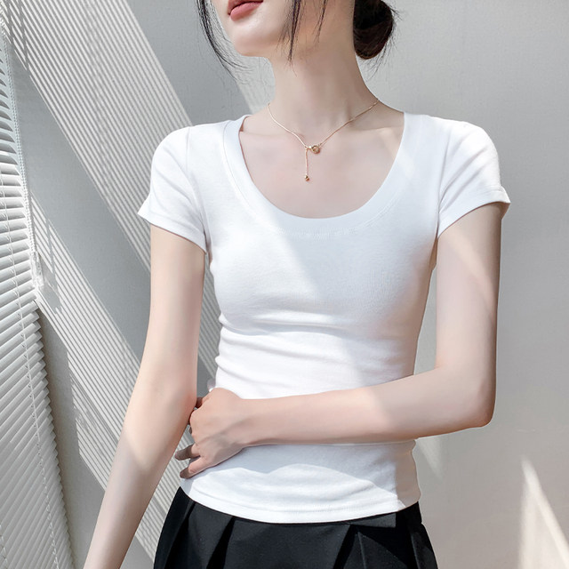 Pure cotton u-neck short-sleeved T-shirt for women 2025 summer new style clavicle exposed large neckline waist-hugging slimming fruit green top