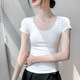 Pure cotton u-neck short-sleeved T-shirt for women 2025 summer new style clavicle exposed large neckline waist-hugging slimming fruit green top