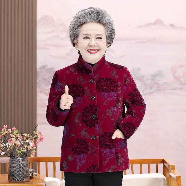 Middle-aged and elderly women's winter clothes, mother cotton coat, grandma plus velvet thickened cotton coat, elderly clothes, old lady cotton coat
