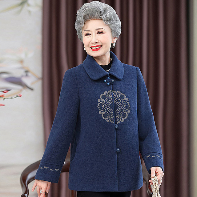 Elderly women's clothing, grandma's winter woolen coat, middle-aged and 60-year-old mother-in-law's autumn and winter thickened woolen and cotton tops