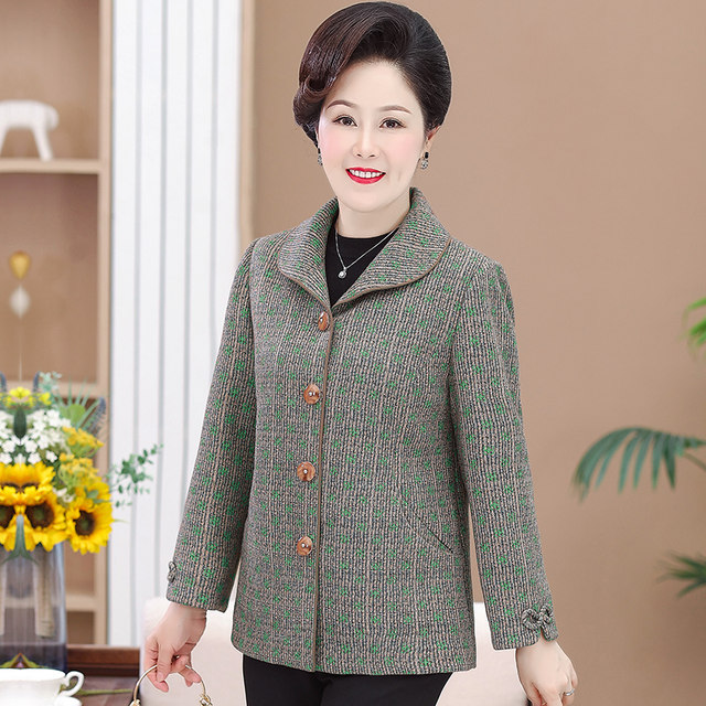 Grandma's autumn clothes for the elderly, women's middle-aged and elderly mothers' spring plaid short clothes, old ladies' spring and autumn tops