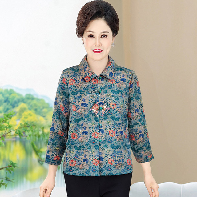 Middle-aged and elderly women's autumn clothes long-sleeved shirt middle-aged mother spring and autumn shirt elderly thin coat women's grandma
