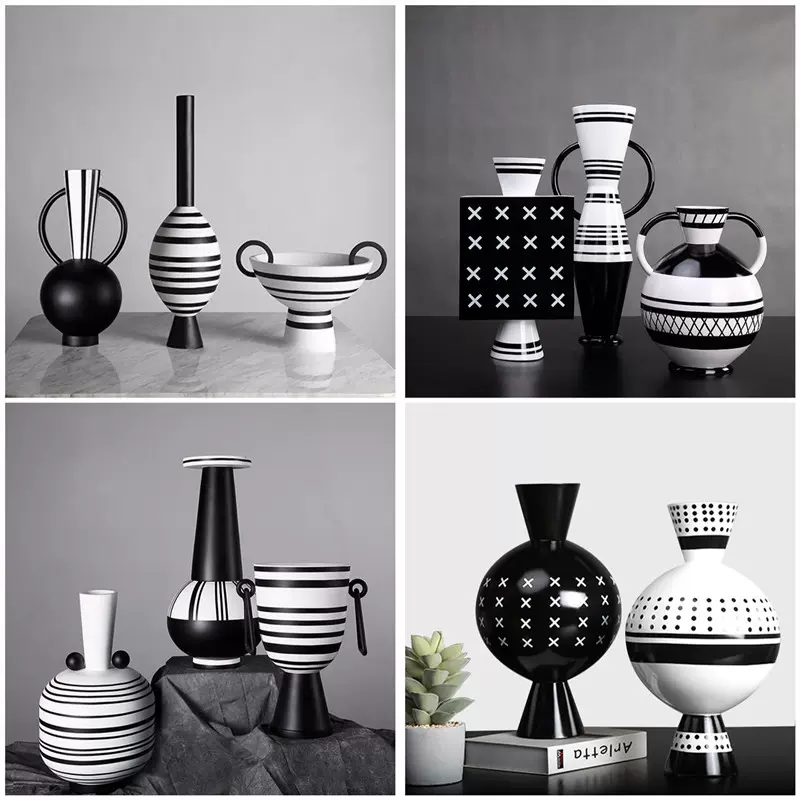 黑白线条纹花瓶摆件北欧简约侘寂风树脂花器客厅几何工艺软
