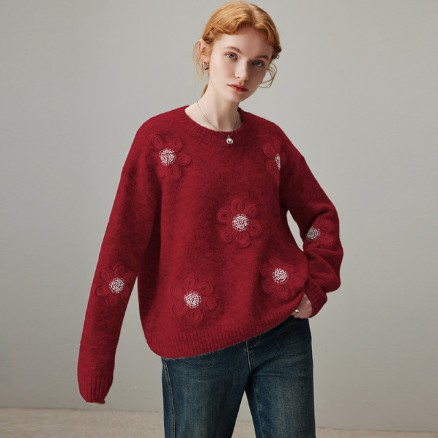 dfvc New Year Red Wool Short Round Neck Sweater Women's 2025 Winter New Flower Lazy Knitted Sweater