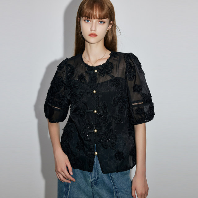 dfvc light luxury style heavy industry sequin three-dimensional embroidered shirt for women 2025 spring new loose black short-sleeved shirt