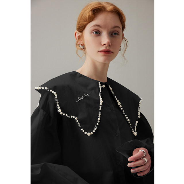 dfvc black French doll collar long sleeve shirt for women for spring 2025 new petal sleeves loose cotton top thin