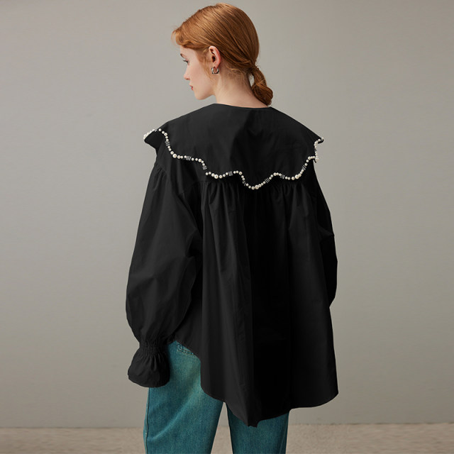 dfvc black French doll collar long sleeve shirt for women for spring 2025 new petal sleeves loose cotton top thin