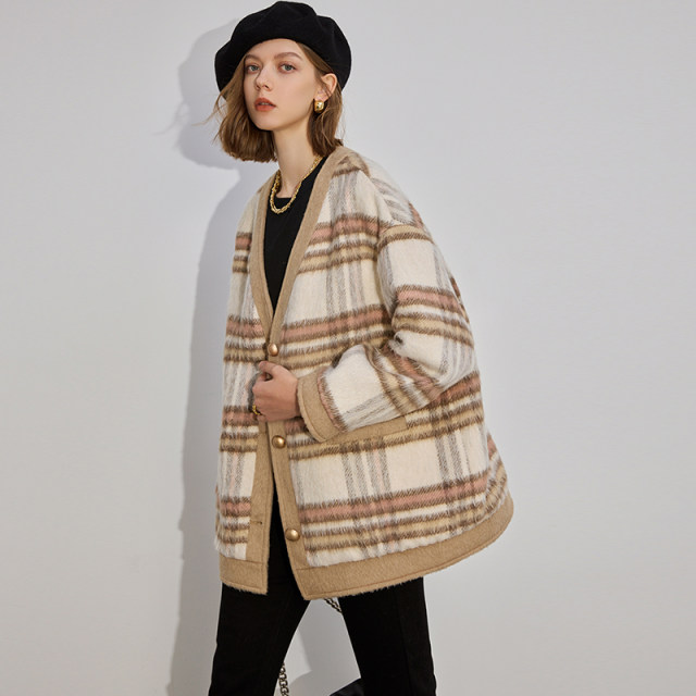 dfvc fashion wool short plaid wool coat for women 2025 winter new V-neck loose wool coat