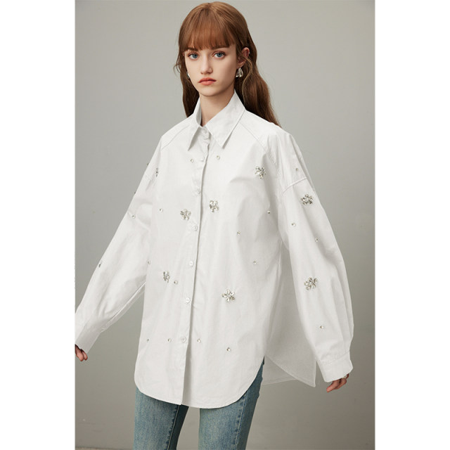 dfvc black cotton long-sleeved shirt for women in spring 2025 new beads loose slimming mid-length shirt
