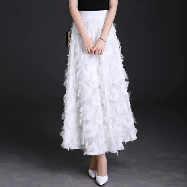 2025 summer new chiffon high-waisted versatile fairy sweet puffy tassel A-line skirt skirt large size long skirt