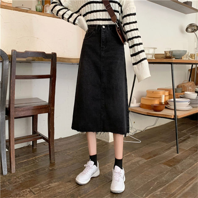 Spring and Autumn New denim skirt mid-length large size high-waisted A-line skirt 200Jin [Jin equals 0.5 kg] Retro versatile slimming one-step skirt