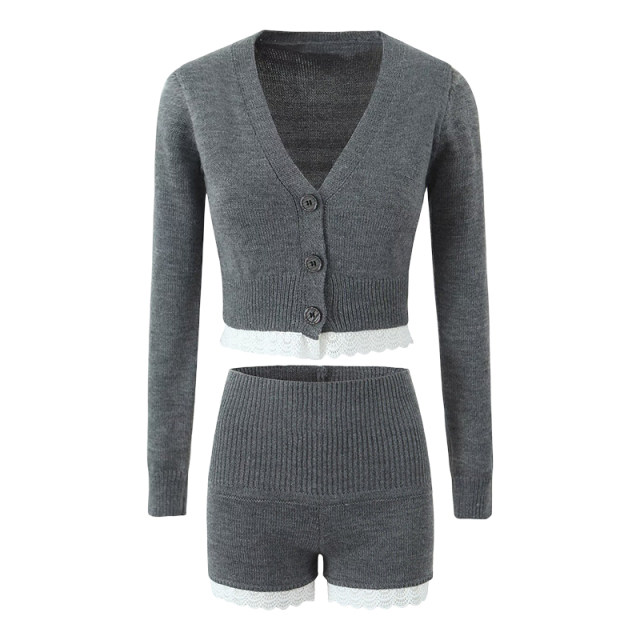 liviahome retro hot girl slim lace splicing short long sleeve knitted cardigan women's high waist shorts suit
