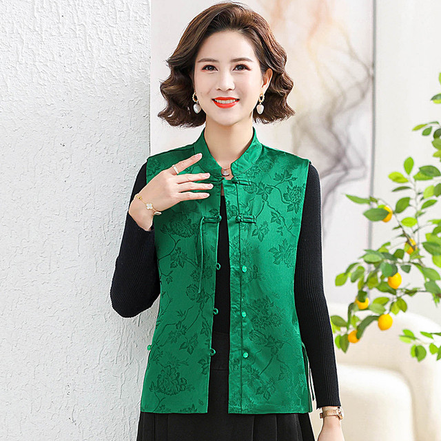 Mom's autumn clothes retro style Tang suit vest jacket fashionable middle-aged and elderly women's spring and autumn vest fashionable horse clip top