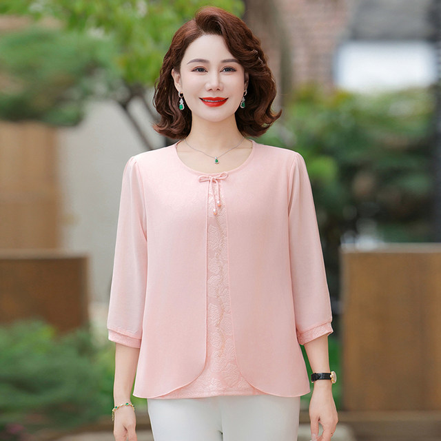 Middle-aged mother dressed in summer for two-piece mid-sleeved chiffon shirt middle-aged and elderly women's spring and autumn fashionable T-shirt belly covering top
