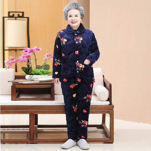 Middle-aged and elderly autumn and winter clothing plus velvet quilted pajamas set grandma thickened home cotton clothing mother cotton coat jacket women