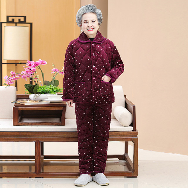 Middle-aged and elderly autumn and winter clothing plus velvet quilted pajamas set grandma thickened home cotton clothing mother cotton coat jacket women