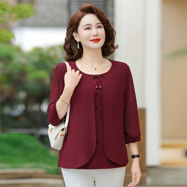 Middle-aged mother dressed in summer for two-piece mid-sleeved chiffon shirt middle-aged and elderly women's spring and autumn fashionable T-shirt belly covering top
