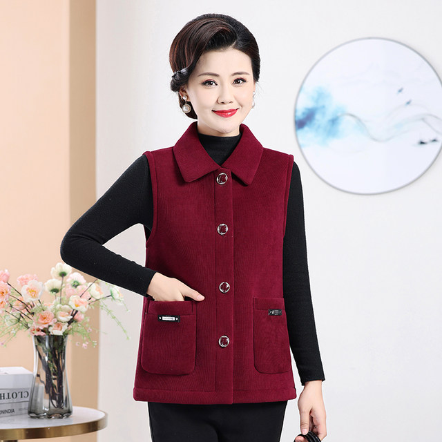 Mom autumn and winter corduroy cotton vest middle-aged and elderly women plus velvet thickened vest warm vest horse clip jacket