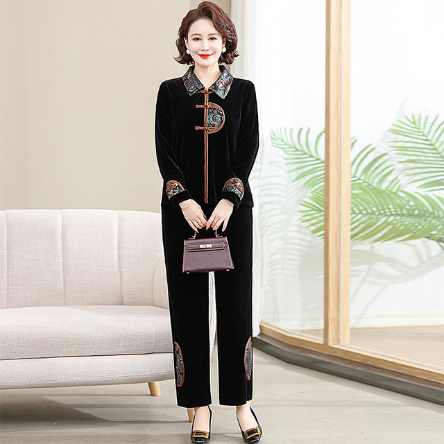 Middle-aged and elderly women's spring and autumn suit gold velvet top 2025 new middle-aged mother autumn suit ethnic style two-piece set
