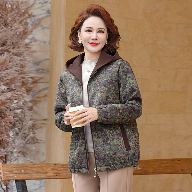 Mom's autumn and winter clothing new floral jacket middle-aged women lapel short coat middle-aged and elderly loose winter thick