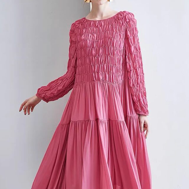 French new silk dress for women spring mulberry silk long skirt loose fashionable big hem skirt long sleeve large size women's clothing