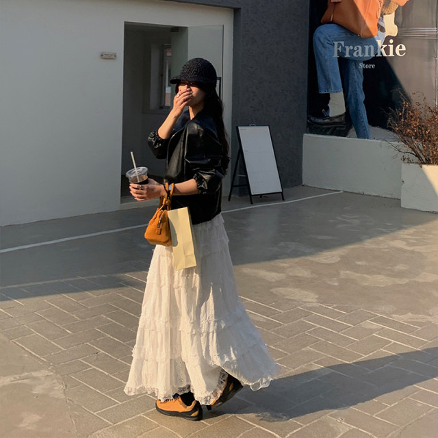 French retro ballet style cake puffy skirt for women 2025 spring Korean lace spliced ​​skirt A-line long skirt winter