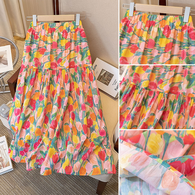 
French retro colorful printed skirt for shopping malls for women in summer large size temperament covering hips and making them look slim A-line umbrella skirt