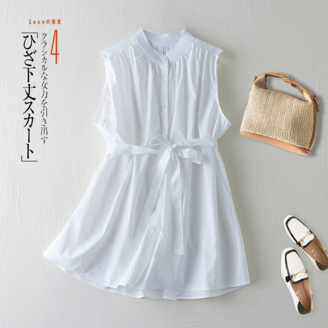 Korean solid color pleated stand collar single-breasted sleeveless vest shirt for women in summer loose waistband lace-up slimming top
