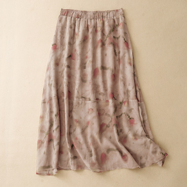 
Retro printed ramie skirt for women in summer design niche smudged floral a-line skirt temperament big umbrella skirt