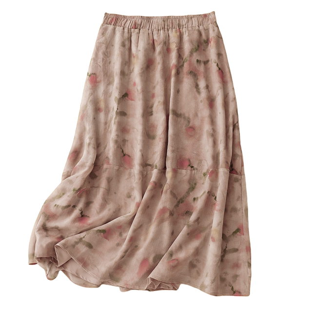 
Retro printed ramie skirt for women in summer design niche smudged floral a-line skirt temperament big umbrella skirt