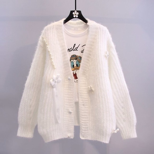 Large-size beaded design sweater jacket for women 2025 spring and autumn new loose lazy style knitted cardigan

