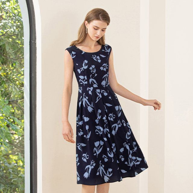 Mingshilu printed dress for women in summer 2025 new round neck thin waist mid-length skirt sleeveless fashion