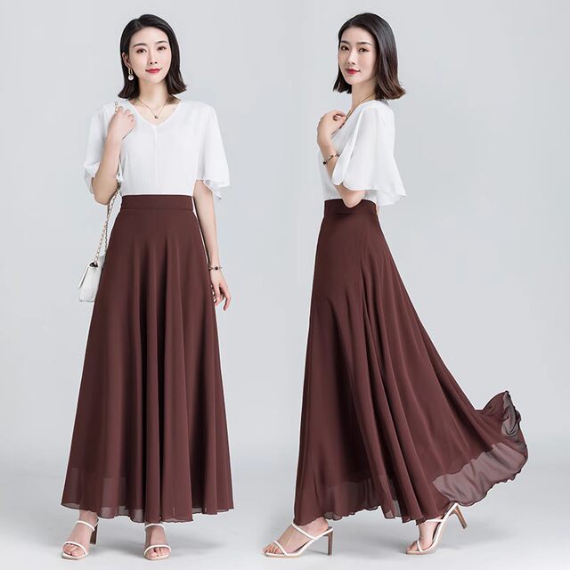 2023 summer solid color chiffon skirt versatile brown gauze skirt makes you look slim and elegant big sway A-line skirt large size long skirt