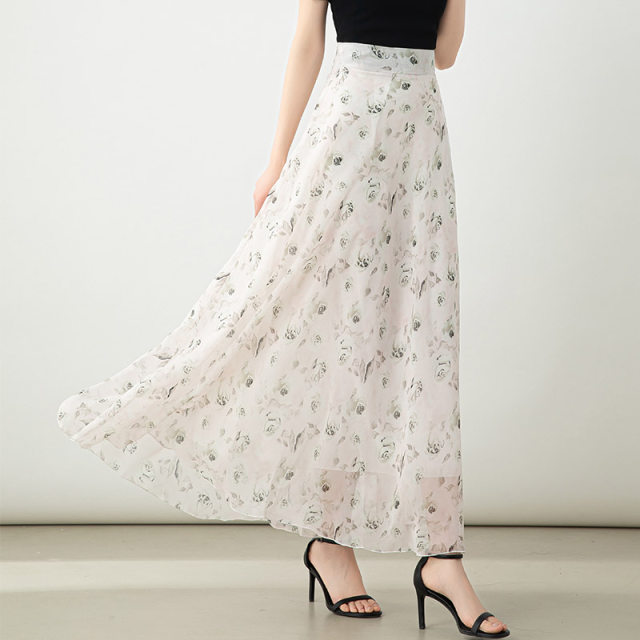 Summer fresh chiffon skirt long skirt 2024 new lady large-size printed skirt A-line skirt large umbrella skirt