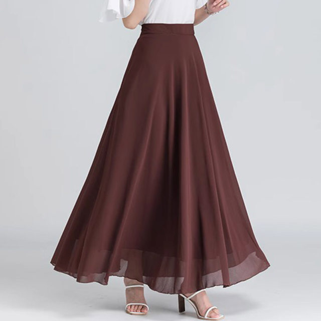 2023 summer solid color chiffon skirt versatile brown gauze skirt makes you look slim and elegant big sway A-line skirt large size long skirt