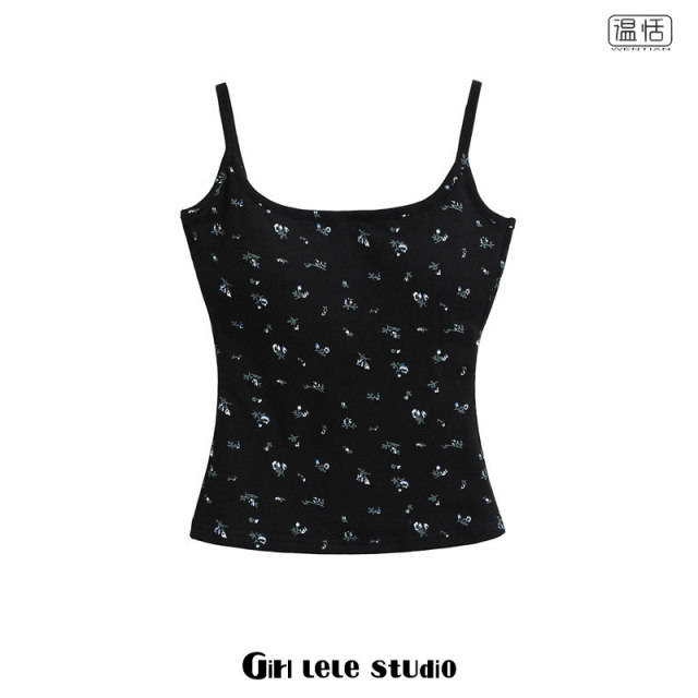 American hot girl floral small suspender vest for women with gray breast pads to make her look slim and slim base top trendy
