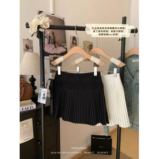 Korean sweet pleated skirt for women 2025 spring and summer new lace spliced ​​lace anti-exposure A-line skirt
