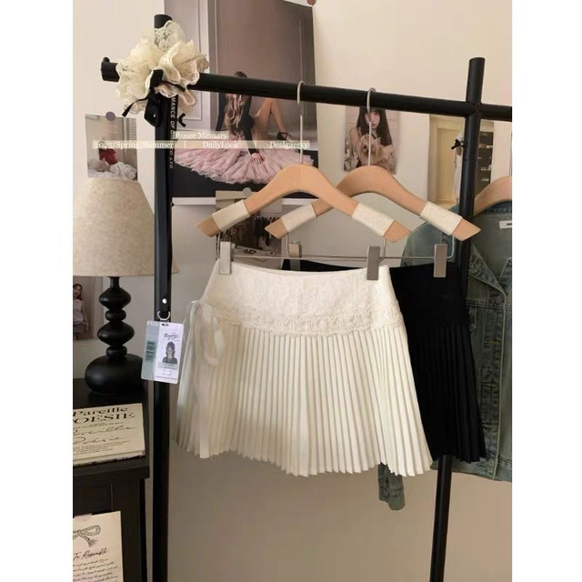 Korean sweet pleated skirt for women 2025 spring and summer new lace spliced ​​lace anti-exposure A-line skirt

