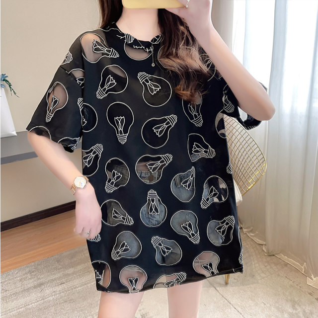 2021 summer loose large size mid-sleeved light bulb burnt flower pattern hollow mid-sleeved medium-length short-sleeved T-shirt for women half-sleeved
