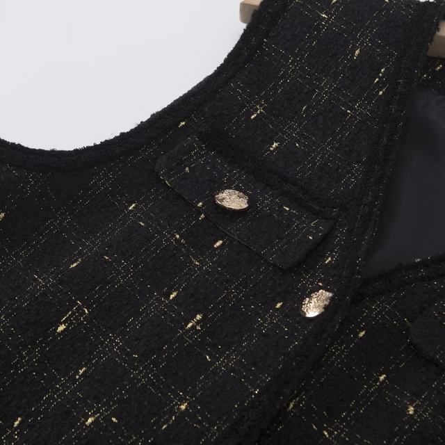 Spring and autumn new mid -length sleeveless suit horse clip large size fat MM small incense wind rough flower grid vest jacket