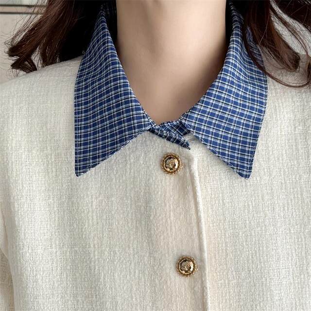 Large size women's plaid shirt collar spliced ​​small fragrance jacket spring and autumn new casual versatile jacket top